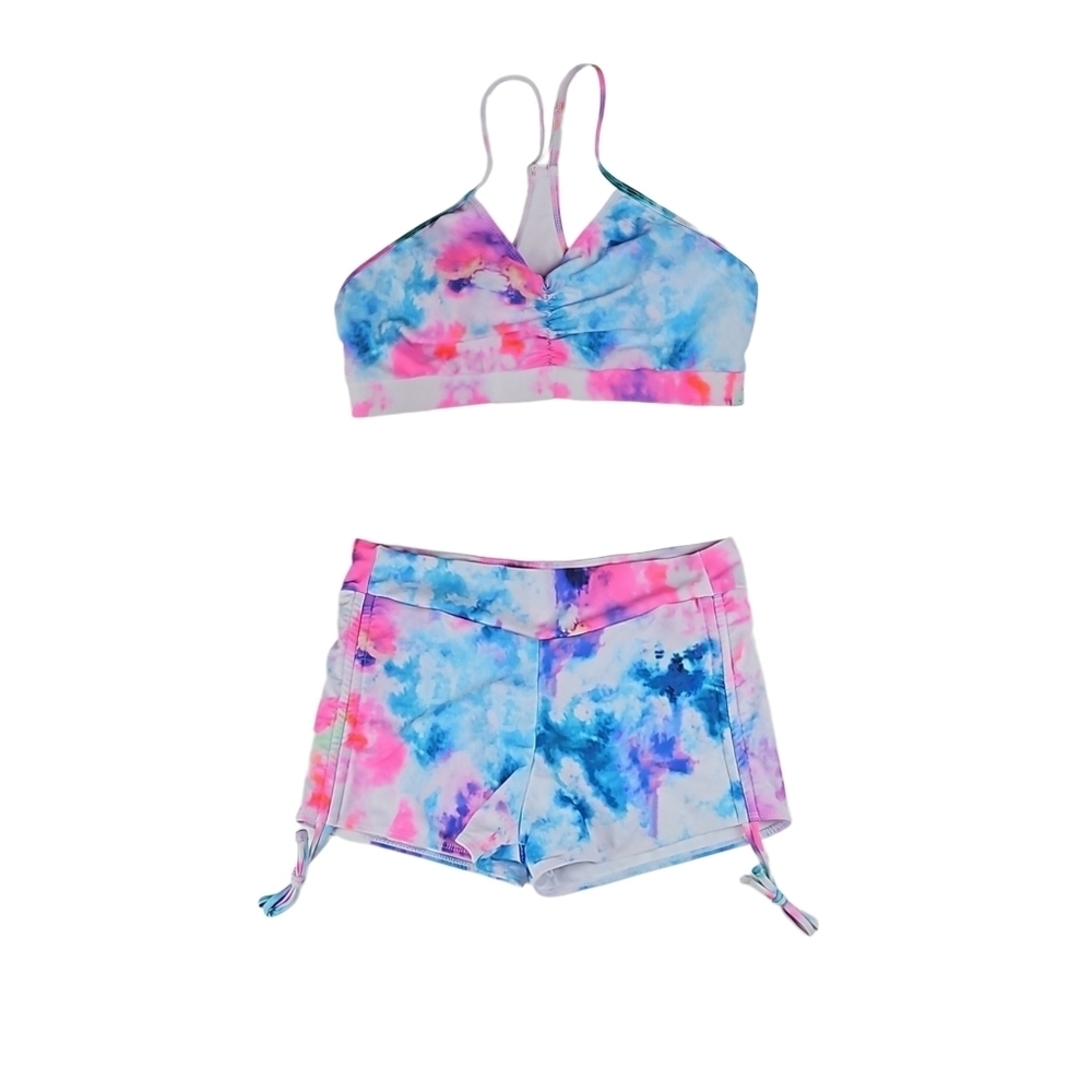 Colorful Swimsuit Two Piece Shorts Bikini Blue White Pink Multicolor Splash, L - Picture 4 of 6